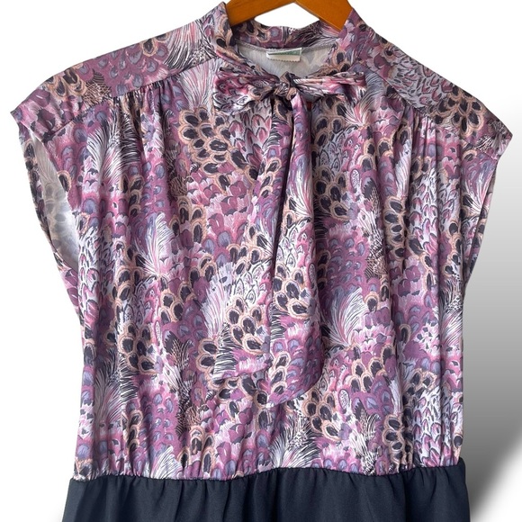 Vintage 1970s Top Made Purple Floral Pullover Dress M Short Sleeve Bow Tie - Picture 2 of 6
